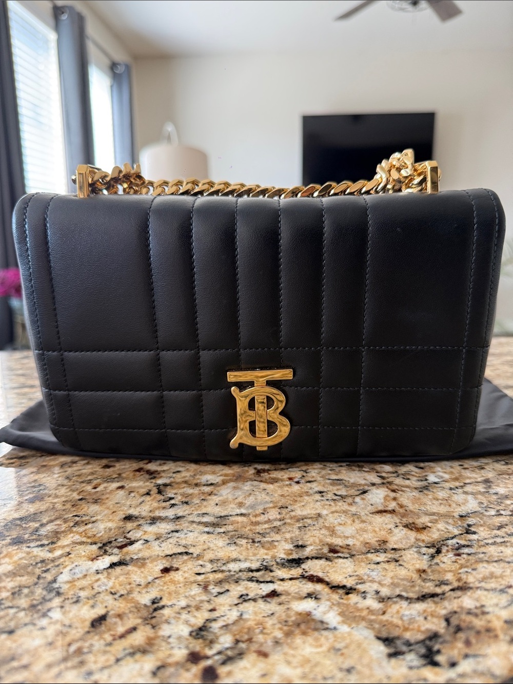 Burberry Black Quilted Leather TB Gold Chain Shoulder Bag